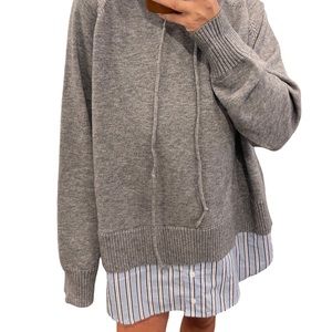 NWOT AQUA Hooded Sweater With Striped Shirt Insert | Cozy Gray Sweater